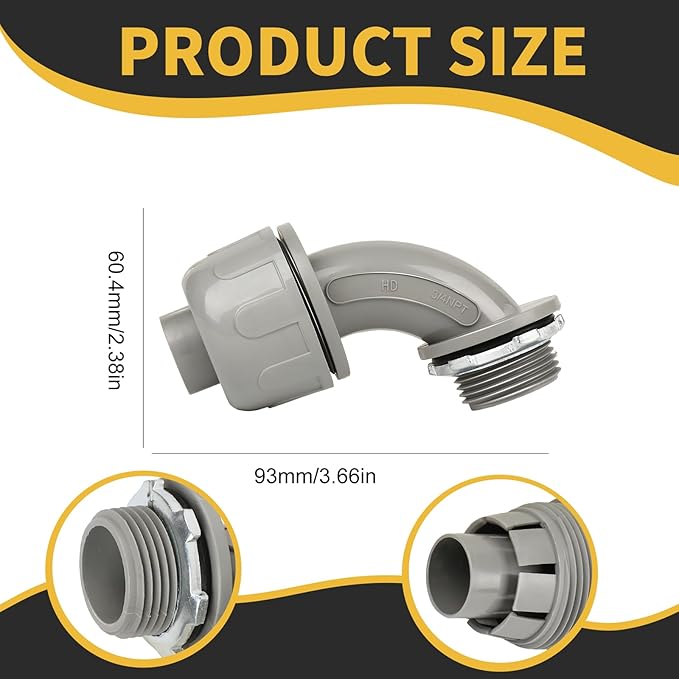 Conduit Connectors, 3/4 Inch Liquid Tight Connector NPT Non-Metallic for PVC Electrical Flexible Conduit Fittings, 90 Degree, UL Listed for Home Outdoor Tubes Tools, Grey (120-Pack)
