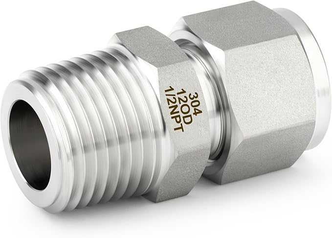 TAISHER 2PCS 304 Stainless Steel Compression Tube Pipe Fitting Connector, 12MM Tube OD x 1/2" NPT Male Straight Adapter