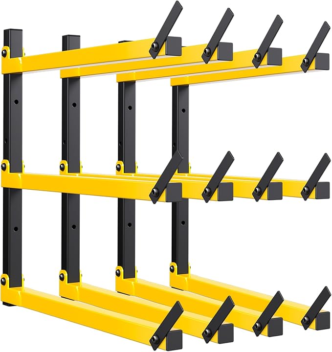 GREENER Lumber Storage Rack Folding Wood Storage Racks Wall-Mounted Metal Racks for Storage with 3-Level Heavy Duty Garage Wood Organizer for Woodworking Shop Indoor & Outdoor Use, 4 pairs,Yellow