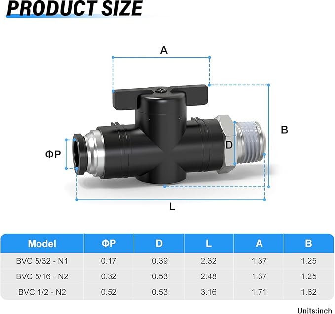 TAILONZ PNEUMATIC 1/2 Inch Tube OD x 1/4 Inch NPT Thread Ball Valve Air Flow Control Valve Push to Connect Fitting BVC-1/2-N2（Pack of 1）