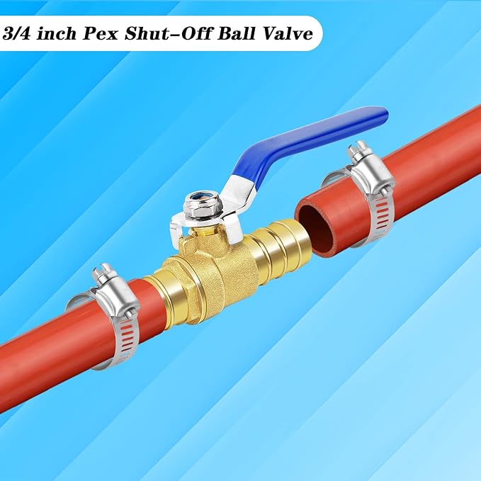 Brass Hose Barb Ball Valve Kit-1pcs 3/4'' Heater Hose Shut Off Valve with Stainless Steel Clamps-High Temperature Resistance Shut off PEX Ball Valve for Water, Oil, Gas, Fuel line Fittings