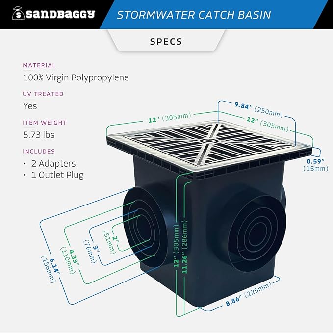 Sandbaggy 12" x 12" Stormwater Catch Basin - 4 Outlets - UV Treated with Debris Basket - Residential, Yard, Lawn, French Drains (12" x 12", 15, Count)