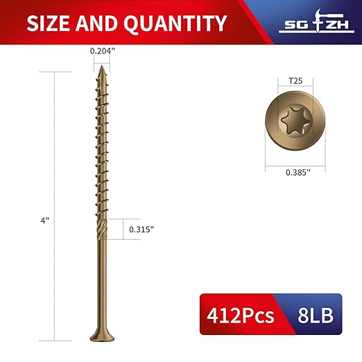 #10 x 4 Inch Deck Screws (412Pcs) 8lb. Carbon Steel, Yellow, Flat Head, Rust Resistant epoxy Coated, with T25 Star Bit