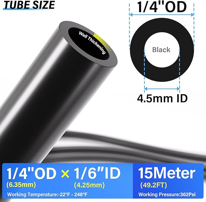 TAILONZ PNEUMATIC Black DOT 1/4'OD 15 Meter 49.2ft Nylon Air Tubing Kit Pipe Hose Air Line Tubing Air Hose Fittings Push to Connect Fittings(95PCS)