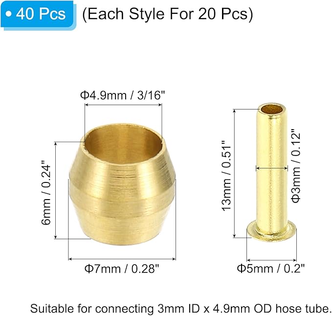 PATIKIL Brass Compression Sleeves Ferrules for 3/16 Inch OD Hose Tube, 40 Pack Brass Ferrule Brass Compression Insert Fitting Assortment Kit for Air Water Gas Pipe