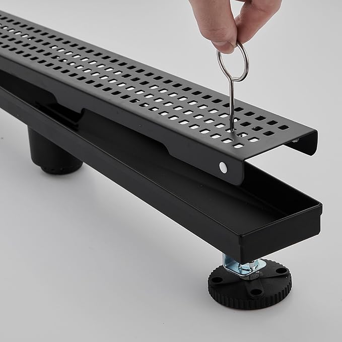 Linear Shower Floor Drain, Matte Black 24 Inch 304 Stainless Steel Bathroom Drains Kit, Long Rectangular Shower Trench Drain with Square Pattern Drain Cover & Hair Catcher