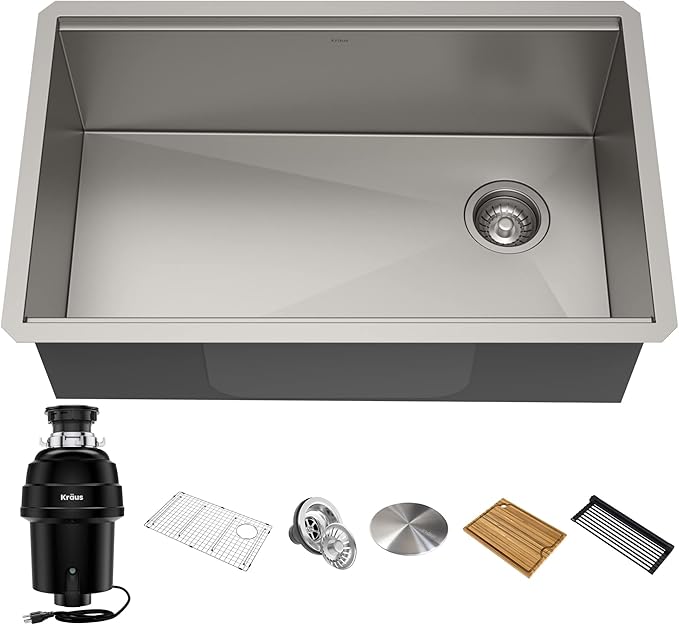 Kraus KWU110-32-100-100MB, Kore Workstation 32-inch Undermount 16 Gauge Single Bowl Stainless Steel Kitchen Sink with WasteGuard 1 HP Continuous Feed Garbage Disposal