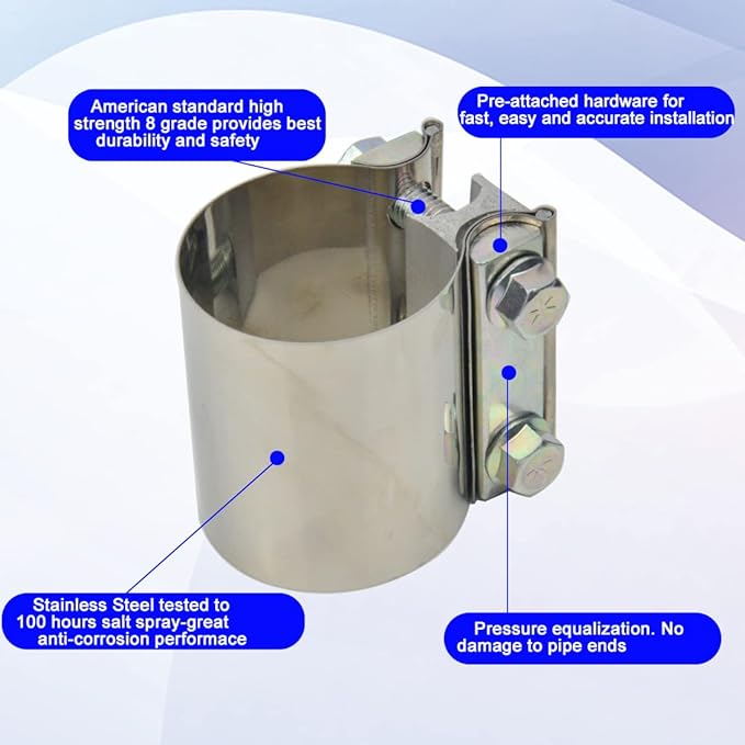 ID 2 Inch Butt Joint Exhaust Band Clamp-Stainless Steel Sleeve Coupler-fits OD 2" Exhaust Pipes Mufflers
