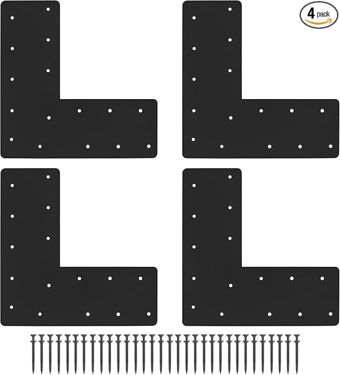 4 Pcs 13.2"x 5"L Shape Flat Bracket, Mending Plate with Black Powder-Coated Right Angle Brackets, Corner Bracket, L Shape Plate Fit 6x6,8x8 for Repair House,Furniture,Pavilion,Truss framing