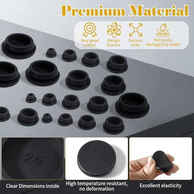 125PCS 8 Sizes Rubber Hole Plugs for Round Holes 1" 3/4" 5/8" 1/2" 3/8" 5/16" 1/4" 1/5" with Snap Locking, Car Wiring Furniture Plugs