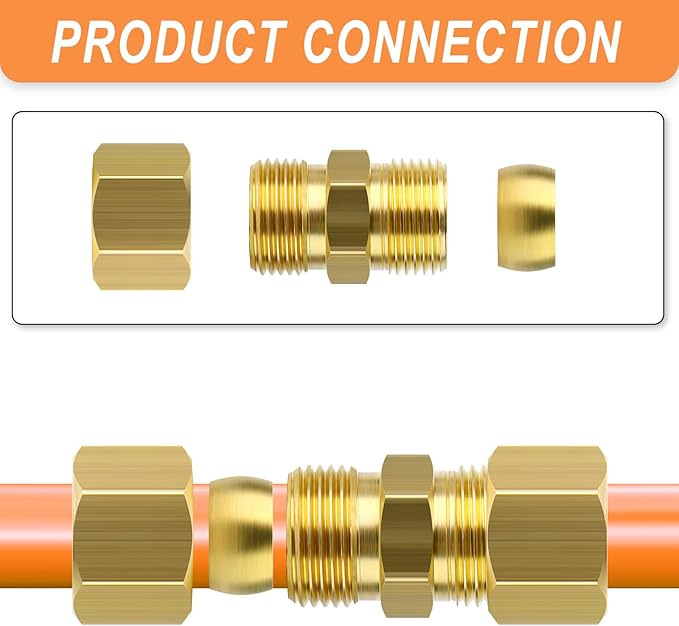 GASHER 10PCS Brass Compression Tube Pipe Fitting Connector, 16mm Tube OD Connector