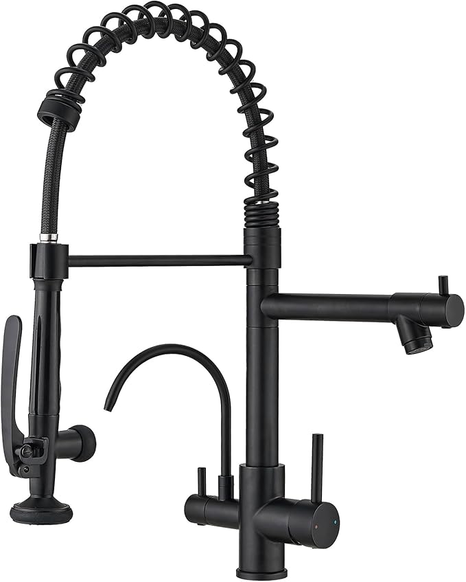 Fapully Commercial 3 Way Kitchen Faucets with Pull Down Sprayer and Water Filler,3 in 1 Kitchen Sink Faucet with Drinking Water Faucet Matte Black