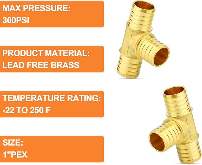 GASHER 2Pcs No Lead Brass 1" Pex Tee Fittings, 1 Inch Pex Fittings for Pex Tubing