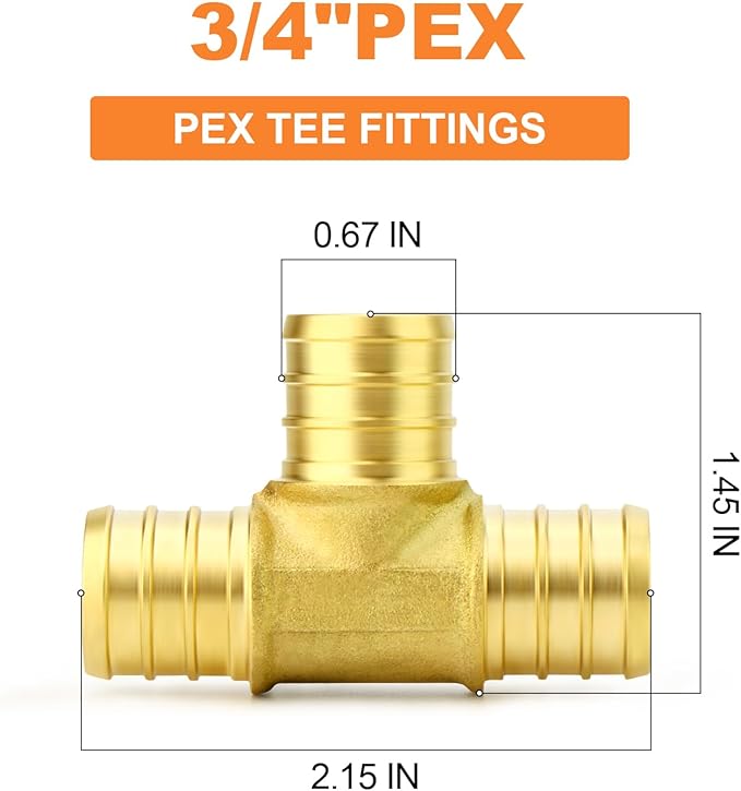 GASHER 2Pcs No Lead Brass 3/4" Pex Tee Fittings, 3/4 Inch Pex Fittings for Pex Tubing