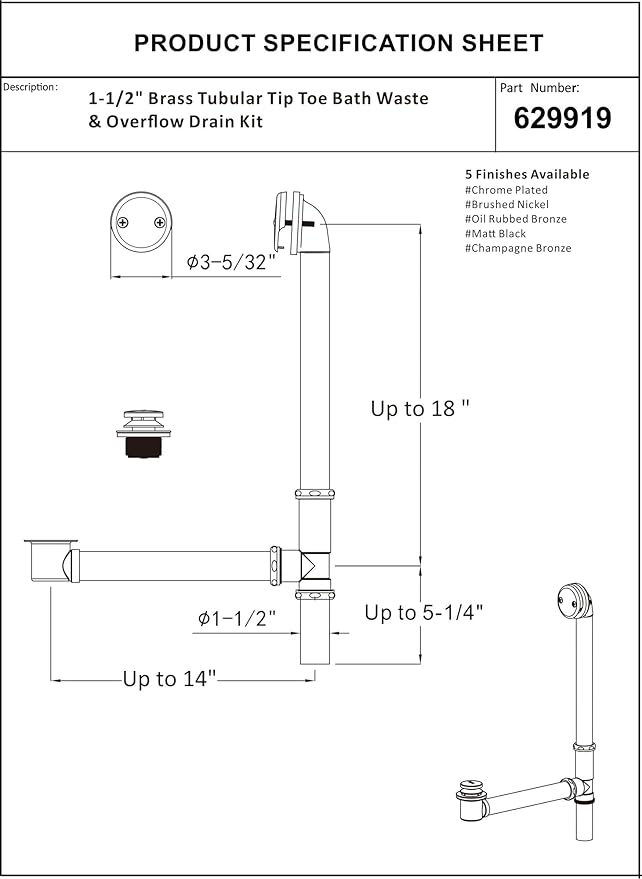 Artiwell 1-1/2" Brass Tubular Bath Drain Kit with Tip-Toe Bath Drain Stopper, Touch-Toe Tub Drain, Tip Toe Bathtub Drain Waste and Overflow with Plug and Bathtub Overflow Drain Cover, Chrome Plated