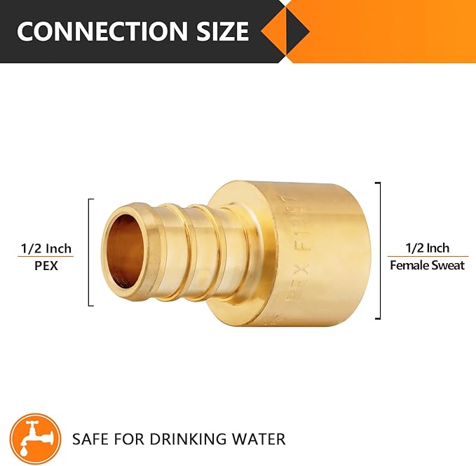 50-Pack HeSun PEX Fittings, 1/2" PEX x 1/2" Female Sweat Adapter (Over Copper Tube), Brass Crimp Fitting for ASTM F1807(PEX1807127-50)