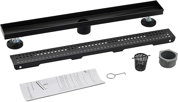Linear Shower Floor Drain, Matte Black 32 Inch 304 Stainless Steel Bathroom Drains Kit, Long Rectangular Shower Trench Drain with Square Pattern Drain Cover & Hair Catcher