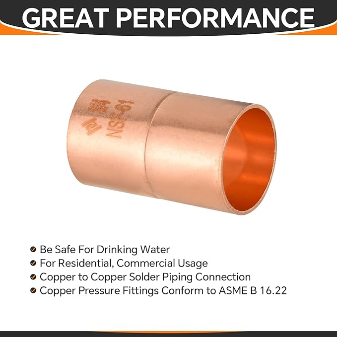 HeSun 50-Pack Copper Fittings, 3/4-Inch Copper Coupling with Rolled Stop, C x C with Sweat Solder Connection
