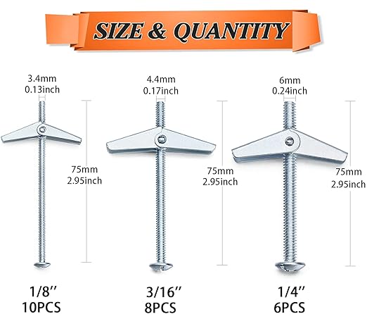 24PCS Toggle Bolt and Wing Nut Set, Hollow Wall Anchors Zinc Plated Carbon Steel, 3 Sizes (1/8'', 3/16'', 1/4''), Hangs Heavy Items on Drywall, Hollow Brick, Wood, Cement Fiberboard