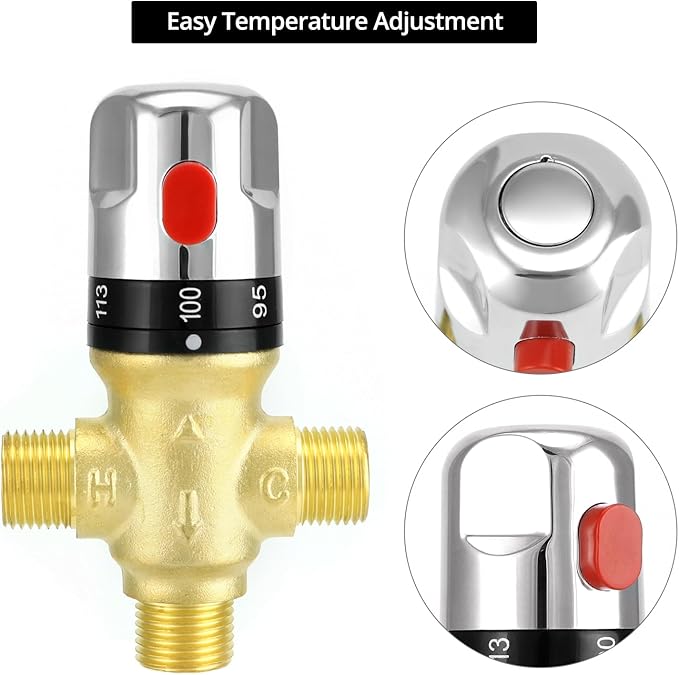 QWORK Thermostatic Mixing Valve, 2 Pack Solid Brass Pipe Water Valve with Temperature Control - 1/2 NPT Male Connections - Includes 3 Adapters, Suitable for Wash Basins, Showers, Kitchens