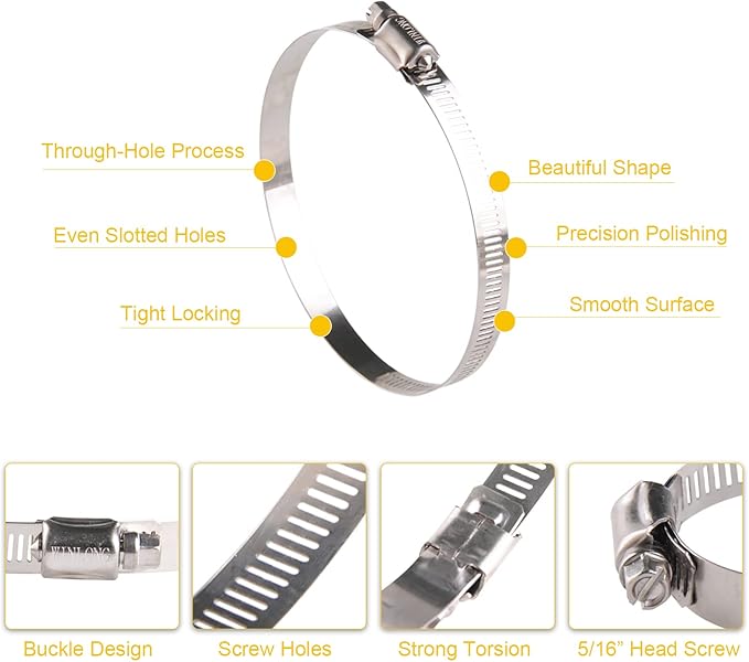 Winlong 3 Inch Stainless Steel Hose Clamps, 8PK SAE 64 4'' Worm Gear Drive Hose Clamps 2 1/2’’-4 1/2’’(64-114mm) for Automotive Plumbing, 2 3/4'', 3'', 3 1/2’’, 3 3/4'' Clamps