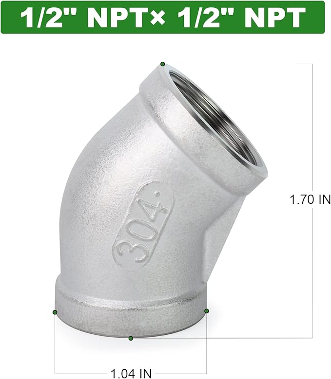 TAISHER 5PCS 304 Stainless Steel 45 Degree elbow,1/2 Inch NPT Female Pipe to 1/2 Inch NPT Female 304 Stainless Pipe Fitting