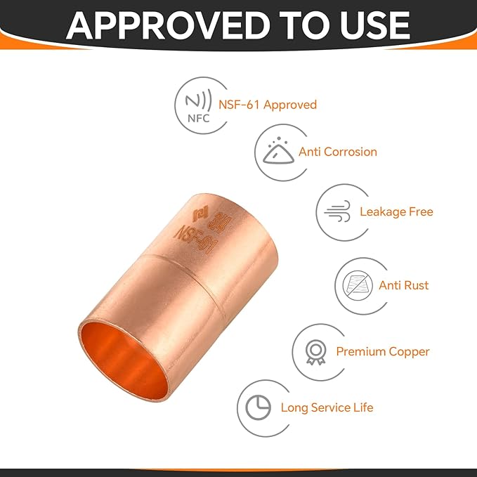 HeSun 200-Pack Copper Fittings, 3/4-Inch Copper Coupling with Rolled Stop, C x C with Sweat Solder Connection