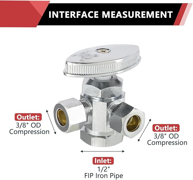 (Pack of 50) EFIELD Dual Compression Outlet Multi-Turn Angle Stop Valve,1/2" Fip Iron Pipe x (3/8 inch x 3/8 inch),Chrome Plated Brass (50),(VALVE189-50PCS)