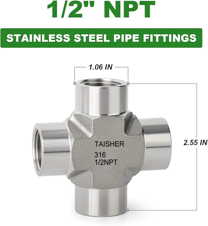 TAISHER 1PCS Forging of 316L Stainless Steel 4 Way Pipe Fittings, 1/2" x 1/2" x 1/2" x 1/2" NPT Female Pipe Fittings