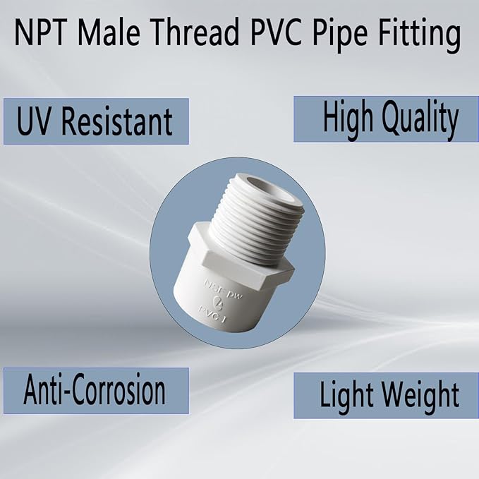 10Pcs 1/2 inch NPT Male Thread PVC Pipe Fitting Adapter Connector(Socket x NPT Male), Pipe Connectors, 1/2 inch Pipe Fitting, Pipe Coupling for Plumbing Water Line, Schedule 40, White