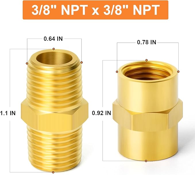 GASHER 24PCS Brass Pipe Fitting, Hex Nipple Brass Hex Coupler, 3/8" x 3/8" NPT Male Thread Pipe, 3/8Inch x 3/8Inch NPT Female Thread Pipe