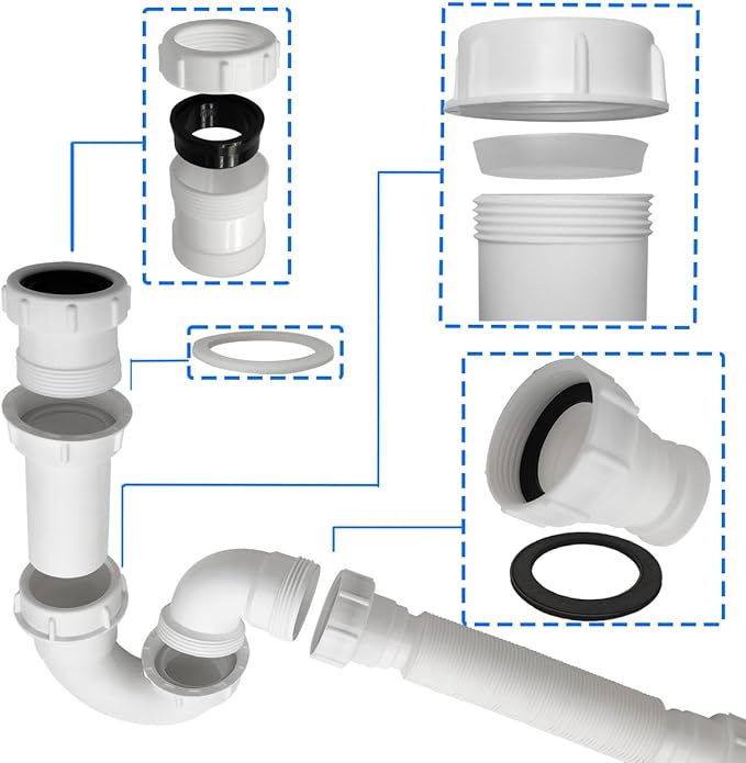 White 1 1/4" and 1-1/2" P-Trap Plumbing Kit with Threaded Adapter, J-Bend for Restroom Sink Kitchen Sink Drain Pipe, Flexible Extension Tube Drain Tailpiece