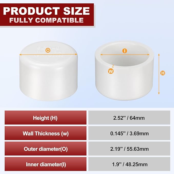 5Pcs 1 1/2" PVC External End Cap Fitting, SCH40 Furniture Grade PVC Pipe Plug Adapter, Pipe Cover Fittings for DIY Project, Irrigation System, Plumbing Framework, Garden Structures