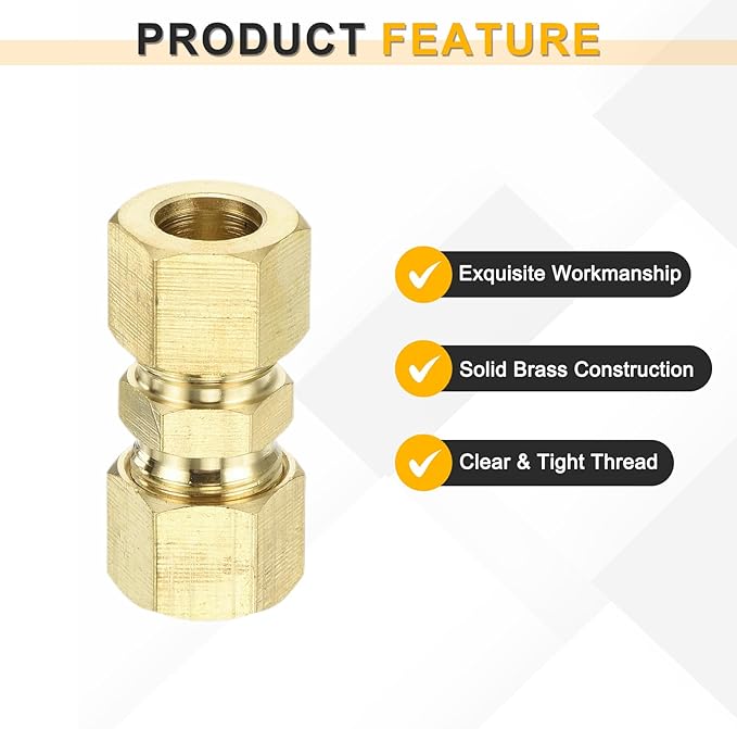 uxcell 5Pcs Brass Compression Tube Fitting, 3/8" Tube OD x 3/8" Tube OD Connector Straight Coupling Adapter Union Fittings