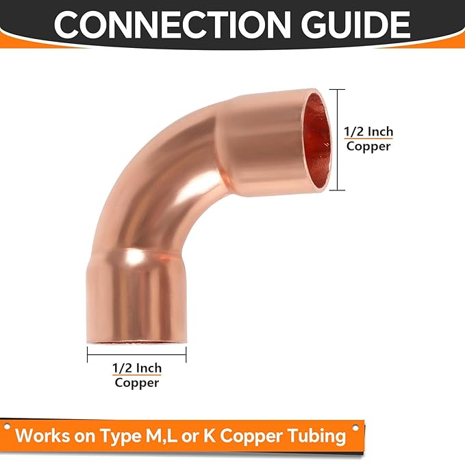 30-Pack HeSun Copper Fittings, 1/2-Inch Long Radius 90-Degree Copper Elbow, C x C with Sweat Solder Connection