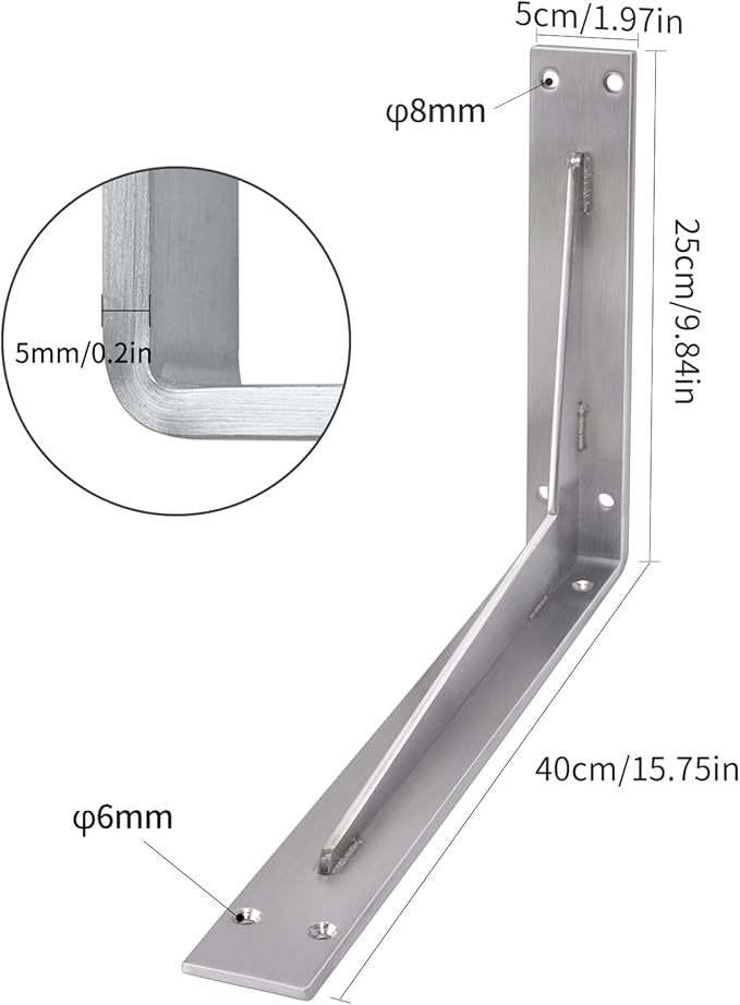 YUMORE Shelf Bracket Heavy Duty 16x10x2 in, 1/5IN Extra Thick Solid L Brackets Stainless Steel Countertop Bar Top Support Brackets Wall Mounted, Includes Hardware, 2 Pack
