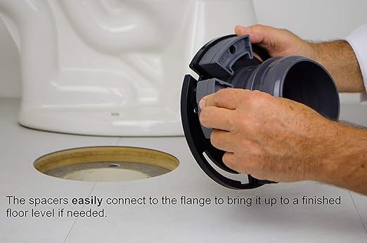 FlexOn 4-Inch Toilet Flange Repair Kit, No-Wax Commode Flange with Spacer, Offset Bolts & Seal Gauge - Fits ABS, Cast Iron & Tile Floors, Elevates 3/8" to 1-1/8" (Black/Gray)