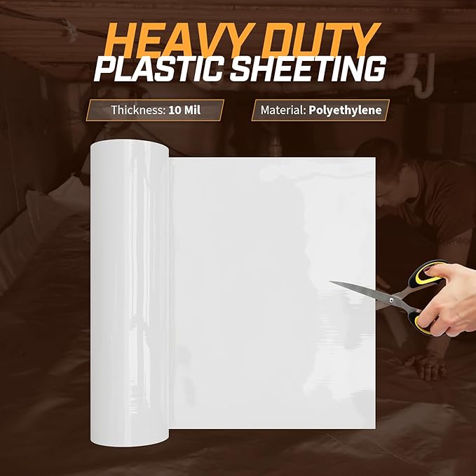 Crawl Space Vapor Barrier, 12 mil 10'x25', White Heavy Duty Plastic Sheeting - Thick Polyethylene Film, 12mil Crawlspace Liner, Drop Cloth Vapor Barrier Covering for Crawlspace and Basement