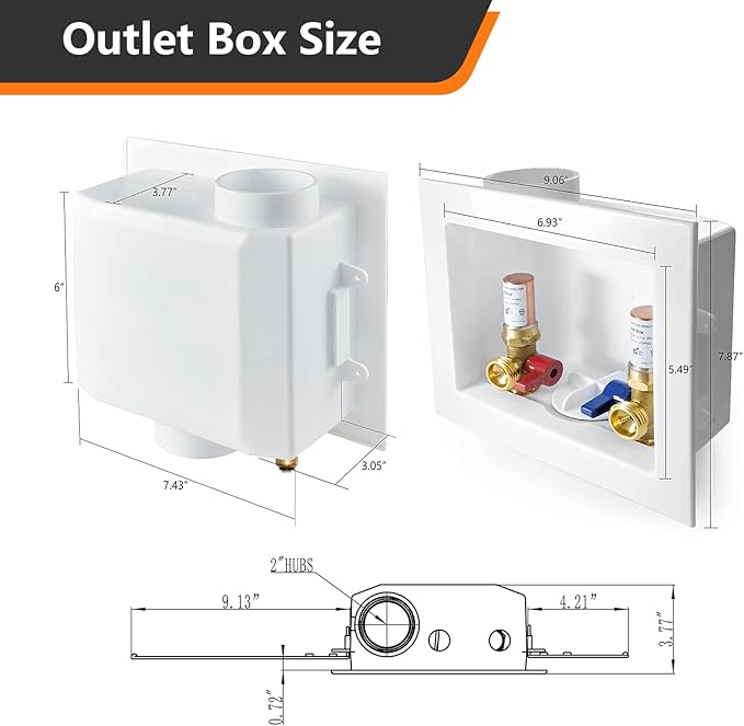 1-Pack HeSun Washing Machine Outlet Box, 1/2 Inch Push-Fit Inlet x 3/4 Inch MHT Outlet, Push to Connect Pex Washer Box with Center Drain,with Copper Water Hammer Arrestor(WM015)