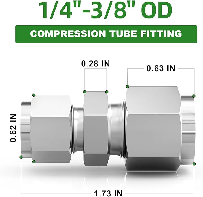 TAISHER 5PCS 304 Stainless Steel Compression Tube Pipe Fitting Connector, 3/8" Tube OD x 1/4" Tube OD Straight Adapter