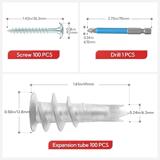 200pcs Drywall Anchors, Zinc Self-Drilling Anchor and Screw with Cross Groove Drill Bit, Fasteners Wall Anchors
