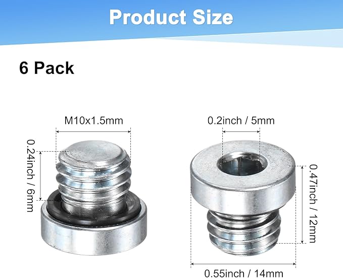 2-Pack M10x1.5mm Inner Hex Head Pipe Fitting Plug, Carbon Steel Sensor Socket Plug with Seal O-Ring for Terminate Pipe Ends/High Pressure Washer, Sealing Screw