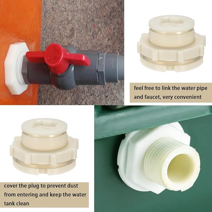 1.5" Female ABS Bulkhead Fitting, Plastic Water Tank Connector Adapter Fitting with Plugs for Outdoor rain Barrel Garden Hose Adapter Spigot kit Water Tank Gallon Drain Bucket(Set of 2)