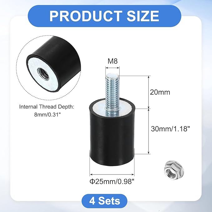 uxcell M8 Rubber Mounts, 4Pcs 24x30mm(DxH) Rubber Cylindrical Anti Vibration Isolator Shock Absorber with Lock Nut for Car Bobbin Generator Air Compressors