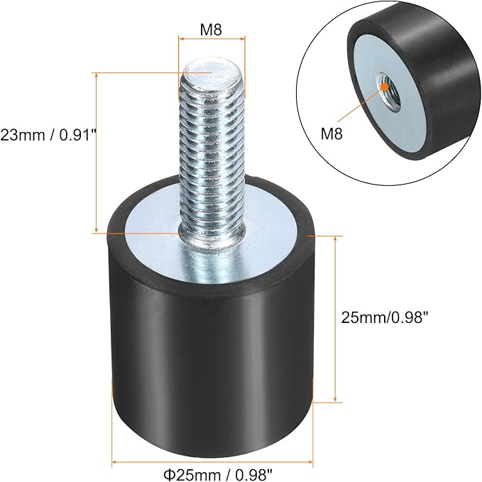 uxcell 6pcs M8x23mm Rubber Isolator Mounts with Studs 25x25mm Male Female Vibration Shock Absorber Zinc Plated Cylindrical Thread Mounts Anti Vibration Isolators with 6pcs M8 Lock Nuts