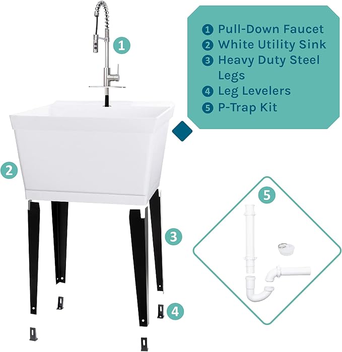 Utility Sink Extra-Deep Laundry Tub in White with High-Arc Stainless Steel Coil Pull-Down Sprayer Faucet, Integrated Supply Lines, P-Trap Kit, Heavy Duty Floor Mounted Freestanding Wash Station