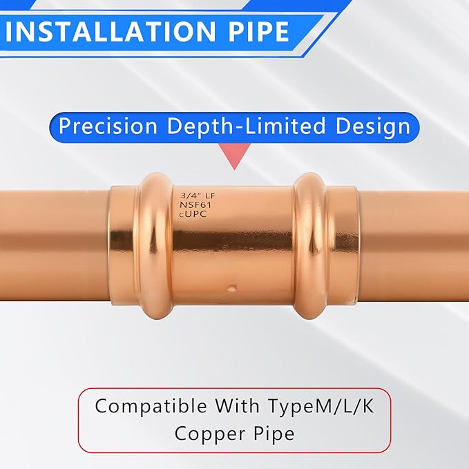 Copper Press Fittings 3/4 Inch Coupling with Stop No-Lead Plumbing Pipe Connector | Compatible with Copper Pipes, Water Supply & Hydronic Heating Systems | Durable Press Fit Design,10-Pack