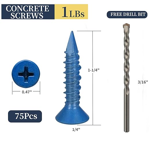 75Pcs 1/4 x 1-1/4 in Concrete Screws with Drill bits,Masonry Screws for Concrete Assortment Kit,Flat Head Block Cement Stacoo Screws and Anchors,Diamond Point,Blue Coated(1LB)