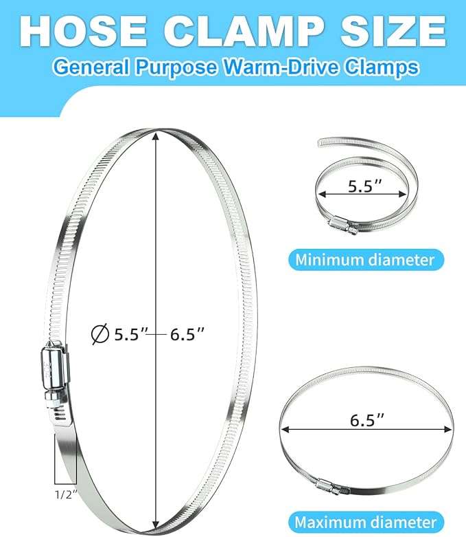 Hose Clamp Set - 10PCS 6 inch 304 Stainless Steel Worm Gear Hose Clamps for Fuel Line,dryer,Intercooler,Garden Water Pipe and Washing machine,Automotive Plumbing,140mm-165mm Hose Clamps
