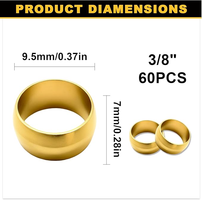 Siptenk 60PCS Brass Compression Sleeves Ferrules for Tube OD 3/8", Hose Compression Fitting Brass Ferrule for DOT Air Brake Lines, Water, Fuel, Oil